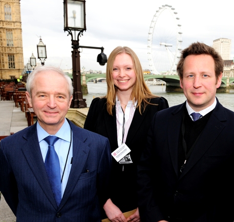 Prof. Gerd Materlik, Dr Claire Pizzey and Ed Vaizey MP (Wantage) outside the Houses of Parliament during the SET for Britain event