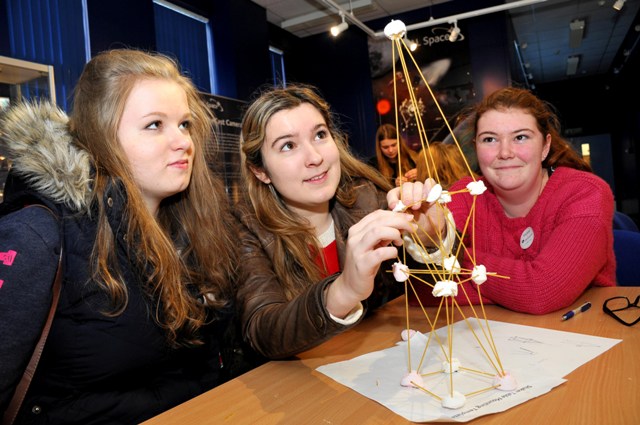 Students built rocket ships using marshmallows and spaghetti