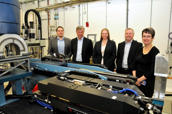 iCAR Event organisers in the I12, Joint Engineering, Environmental and Processing (JEEP) beamline at Diamond. From left to right Peter Hutchins - Infineum, Xavier le Mintier CEO of Infineum, Claire Pizzey – from the industrial liaison team at Diamond, Ken Lewtas - Infineum, Elizabeth Shotton, Head of Industrial liaison at Diamond.