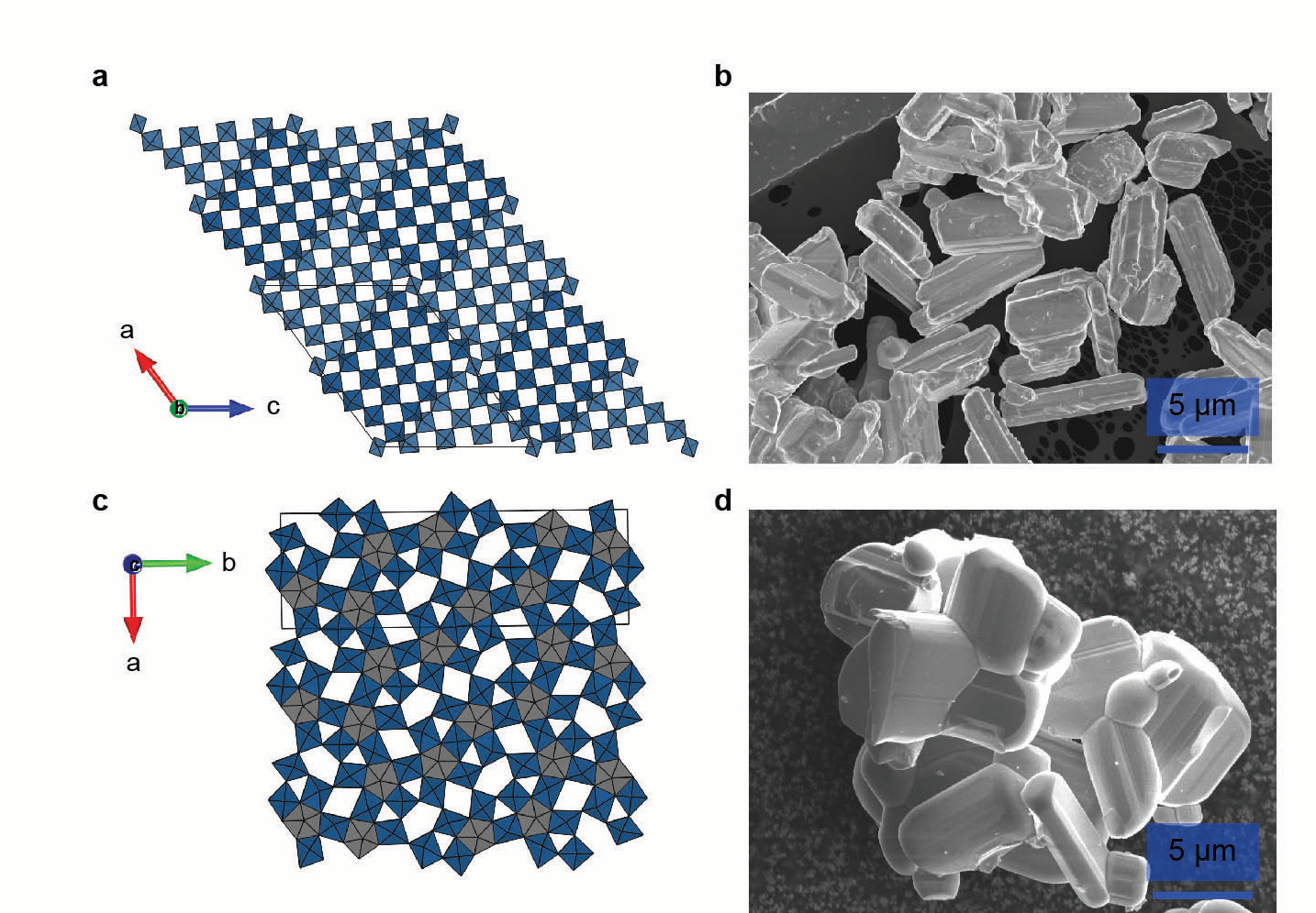 Figure 1: Crystal structure and electron microscope image of two niobium tungsten oxides;
<br/>(a) structure of Nb<sub>16</sub>W<sub>5</sub>O<sub>55</sub> ; (b) image of Nb<sub>16</sub>W<sub>5</sub>O<sub>55</sub> ; (c) structure of Nb<sub>18</sub>W<sub>16</sub>O<sub>93</sub> ; (d) image
<br/>of Nb<sub>18</sub>W<sub>16</sub>O<sub>93</sub>. The polyhedra in (a) and (c) represent a metal atom at the centre and oxygen
<br/>atoms at the corners. Nb<sub>16</sub>W<sub>5</sub>O<sub>55</sub> has tunnels along the b-axis and Nb<sub>18</sub>W<sub>16</sub>O<sub>93</sub> has tunnels
<br/>along the c-axis; the crystallographic indices are given.