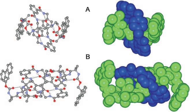 Two representations each of the two X-ray diffraction structures of the symmetrical rotaxanes