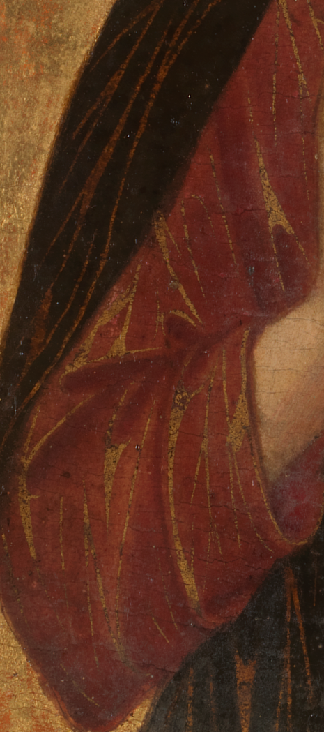 Pietro Lorenzetti, Christ between Saints Paul and Peter, about 1320. Detail showing the mordant gilding on Christ’s robes. © Ferens Art Gallery, Hull Museums. Photo: The National Gallery, London.