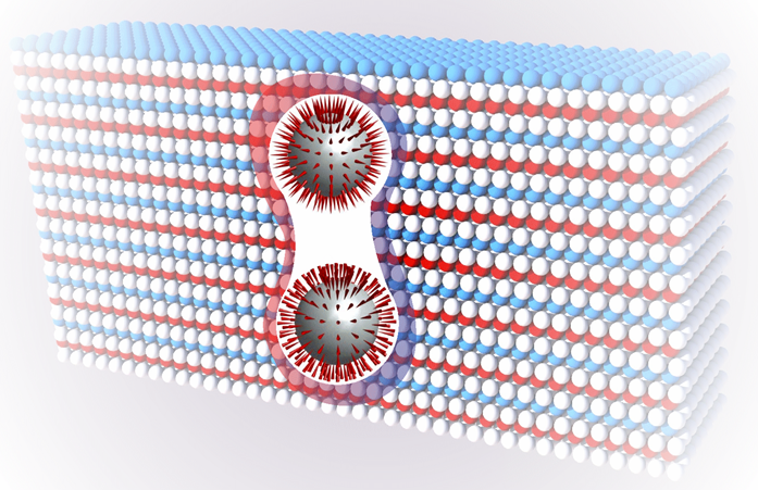 Two oppositely aligned emergent monopoles in a continuous CoTb thin film have been identified by complementary techniques of resonant elastic x-ray scattering, Lorentz transmission electron microscopy, and scanning transmission x-ray microscopy. This new type of topological defect can be regarded as a superposition of an emergent magnetic monopole and an antimonopole, around which the source and drain of the magnetic flux overlap in space. Such a quasiparticle provides an excellent platform for studying the rich physics of emergent electromagnetism.