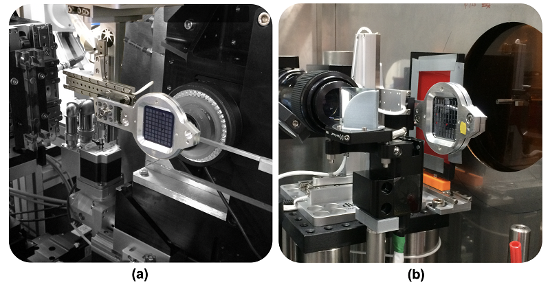 The fixed target setup used to collect the room temperature SSX data at I24 Diamond is shown in the left panel of the image (a). The same fixed targets and I24 hardware was mounted on beamline BL2 at SACLA used to collect room temperature SFX data is shown in the right panel (b).”