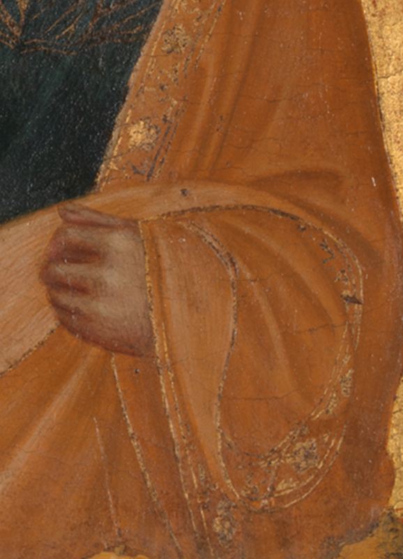 Pietro Lorenzetti, Christ between Saints Paul and Peter, about 1320. Detail showing the mordant gilding on St Peter’s robes. © Ferens Art Gallery, Hull Museums. Photo: The National Gallery, London. 
