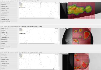 Example output of screening across three wells. Heat maps show the areas of higher bragg spots, resolution or intensity