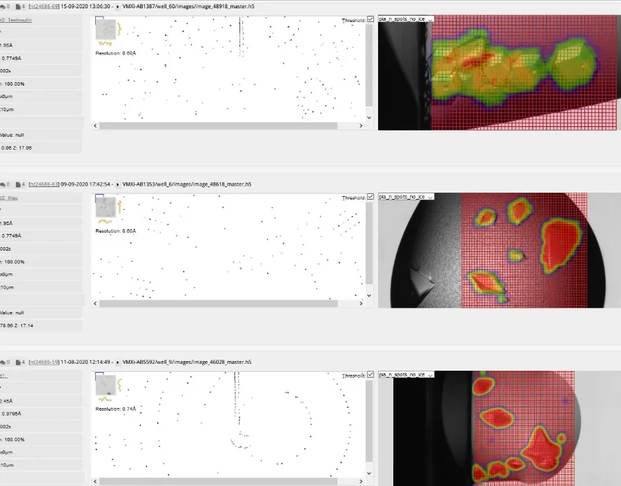 Example output of screening across three wells. Heat maps show the areas of higher bragg spots, resolution or intensity
