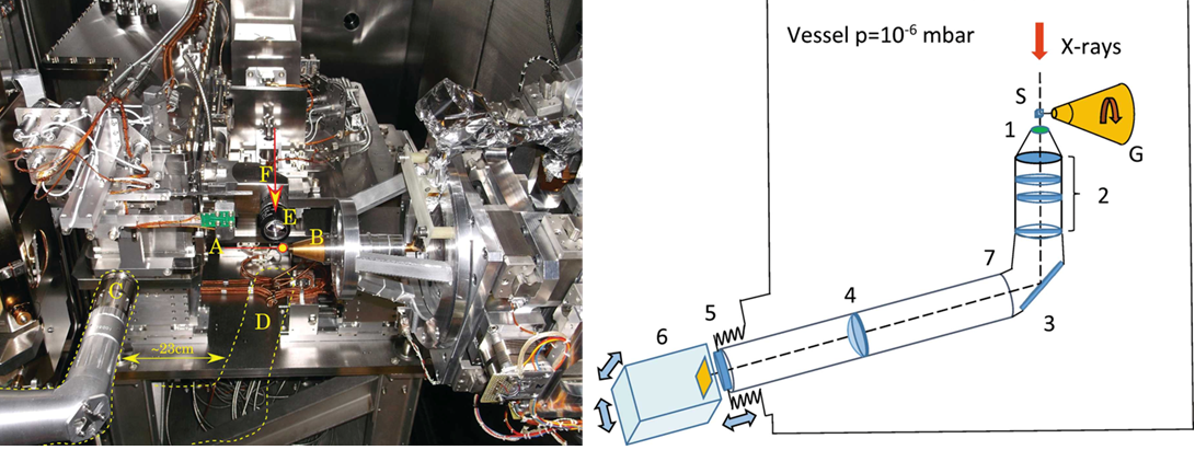 Figure 1. Left: View inside the I23 vacuum endstation showing positions of components of the sample environment. A: sample position; B: goniometer; C: tomography camera, retracted position; D: tomography camera, in-beam position; E: on-axis viewing system; F: X-ray beam direction. Right: A schematic drawing of the tomography system. 1 – scintillation screen, 2 – objective, 3 – mirror, 4 – relay lens, 5 – vacuum window, 6 – tomography camera, 7 – L-shaped tube. The system is residing inside of a vacuum vessel with pressure bellow 1.0 × 10−6 mbar. X-rays are impinging upon a protein sample (S) mounted on the goniometer (G).