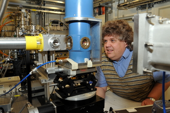 Dr Nigel Young from the University of Hull inside the experimental hutch of the new Core EXAFS beamline at Diamond Light Source.