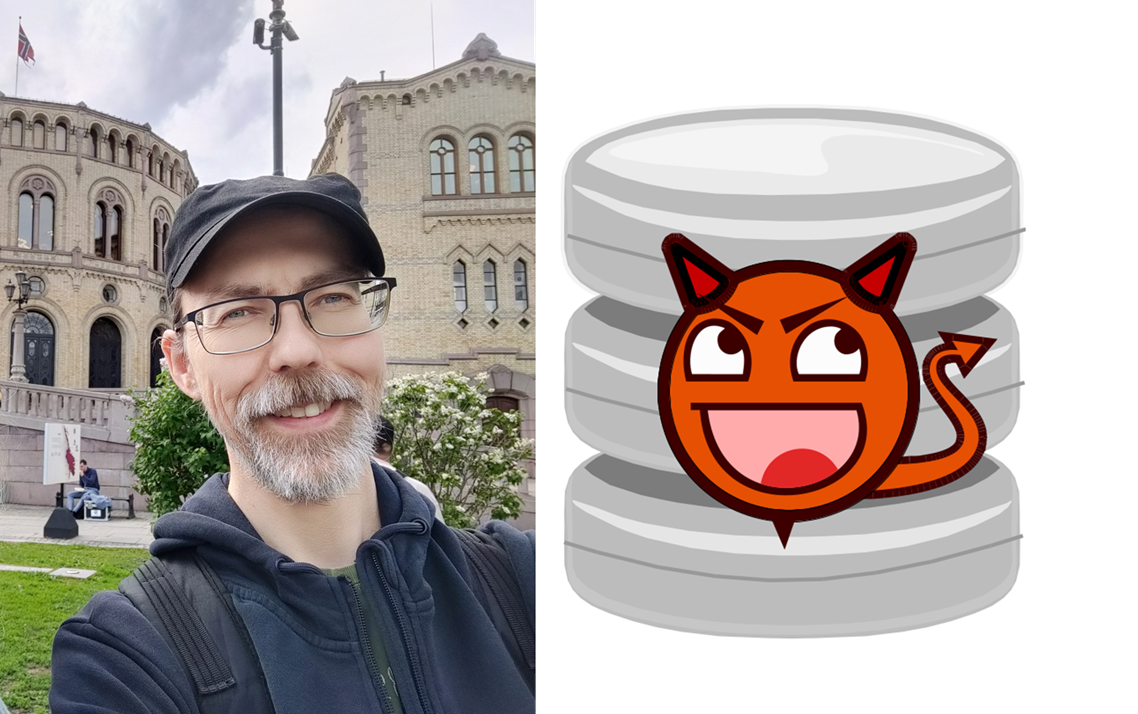 Karl Levik in front of Stortinget (Left) and Karl’s database demon logo! (Right)