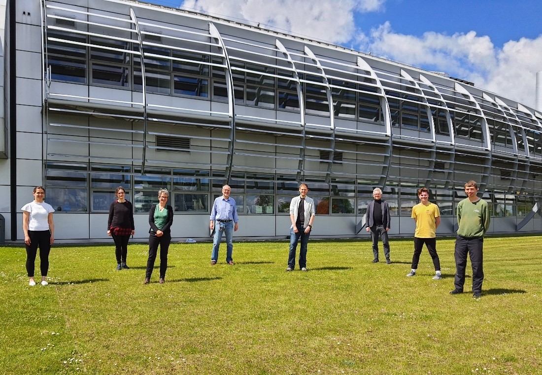 From left to right - Anna Kroner, Senior Industrial Liaison Scientist; Pilar Ferrer Escorihuela, Beamline Scientist on B07; Elizabeth Shotton, Head of Industrial Liaison; Georg Held, Principal Beamline Scientist on B07; Dave Grinter, Beamline Scientist on B07; Professor Sven Schroeder from University of Leeds; Nathan Hennessy from University of Leeds; and Paul Edwards from University of Leeds/Diamond. 