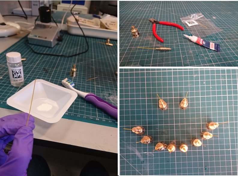 After some loading (helped greatly by the toothbrush), cutting and gluing, some of the fully-loaded samples seemed pretty happy about heading to I11 for diffraction analysis.