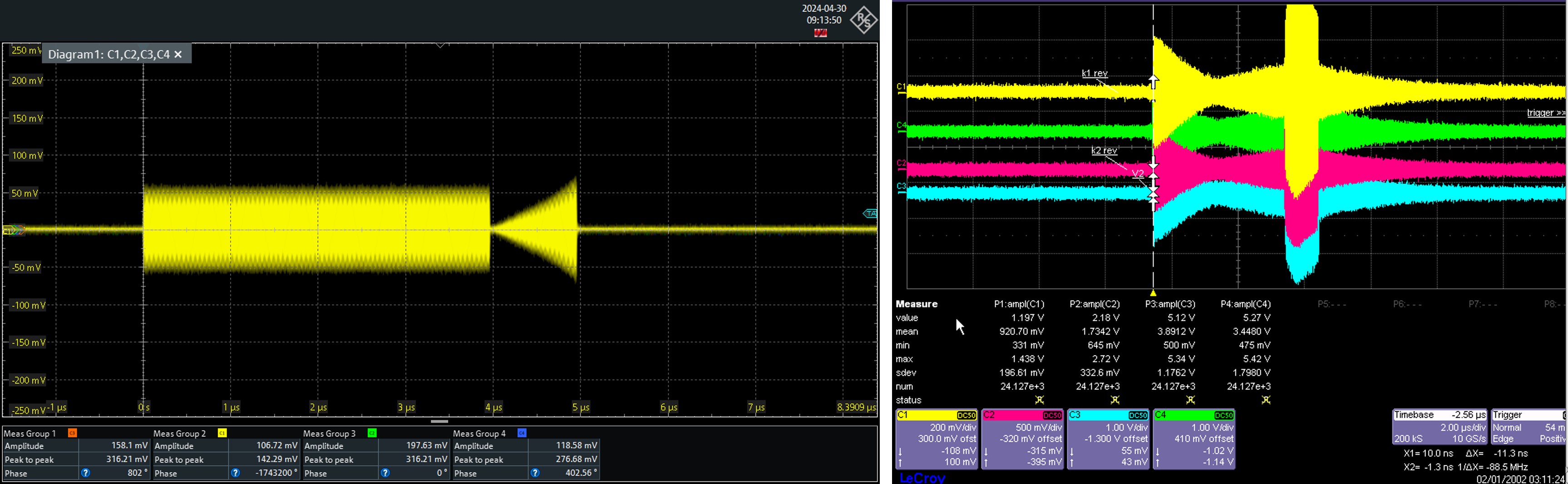 Figure 5. Output from the klystron (left) and input to the bunchers and accelerating structures (right) following the SLED cavity. The RF pulse width from the klystron is 5 μs long while the higher power pulse going to the linac structures is 1 μs long.