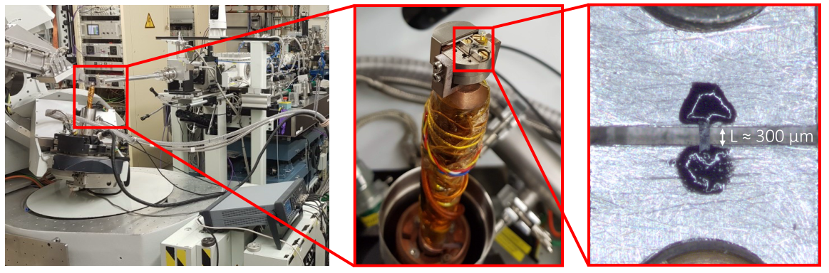 A sample mounted on the Razorbill CS100 insitu strain cell, mounted on the cryostat on I16.