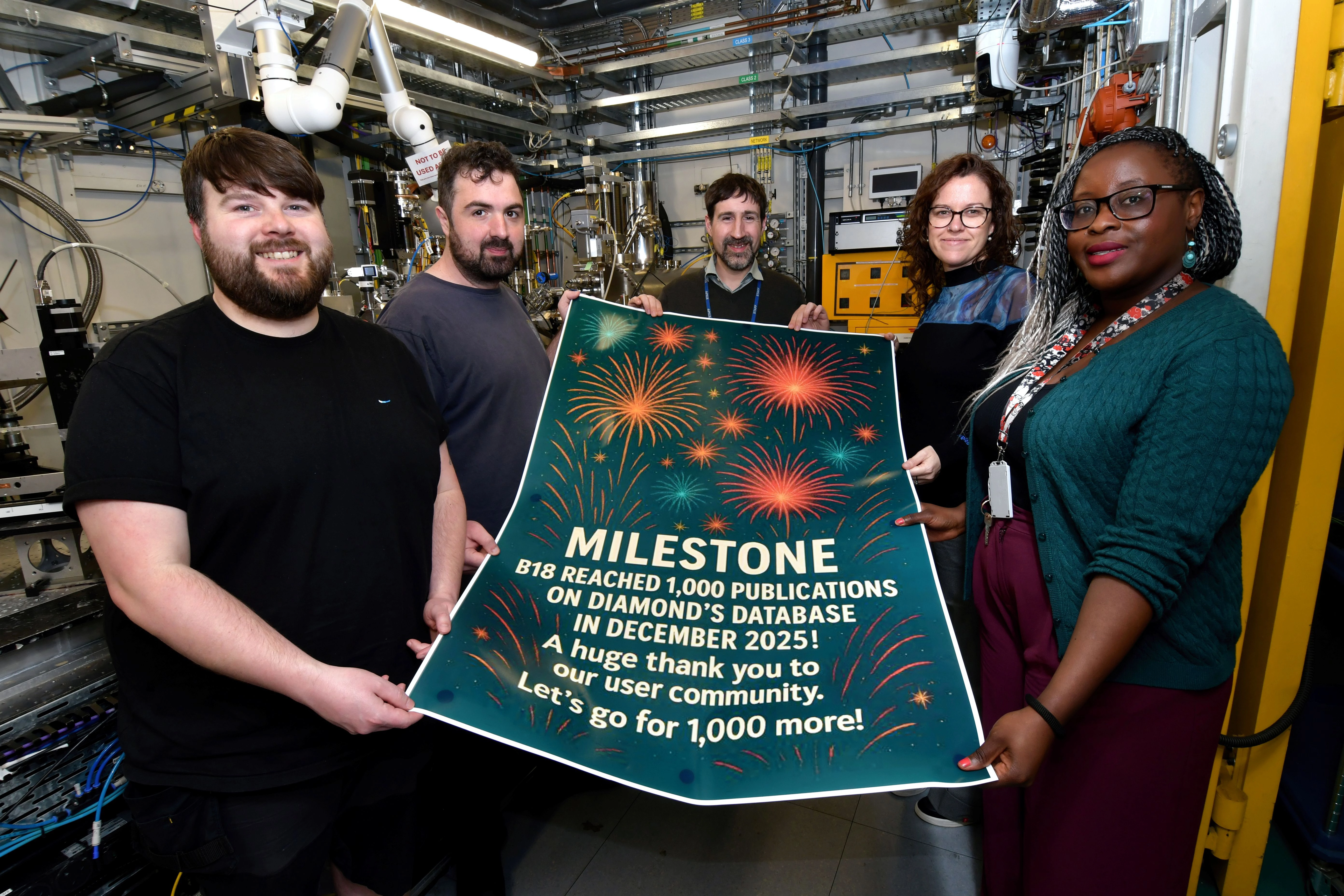 L-R: Senior Mechanical Technician Kieran Joyce, Beamline Scientist Donato Decarolis, Principal Beamline Scientist Diego Gianolio, Senior Beamline Scientist Veronica Celorrio and Senior Support Scientist Thokozile Kathyola.