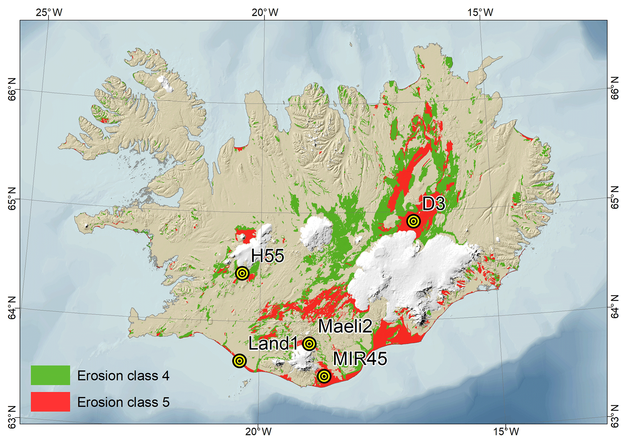 Surface sediment sampling sites and major dust hotspots. D3, Dyngjusandur hotspot; H55, Hagavatn hotspot; Land1, Landeyjarsandur; Maeli2, Mælifellssandur; MIR45, Mýrdalssandur. In green are the unstable sandy areas. In red are the very unstable sandy areas. Note that the map was prepared by Ólafur Arnalds using data created and owned by him at the Agricultural University of Iceland, older works (database housed by the Agricultural University of Iceland).