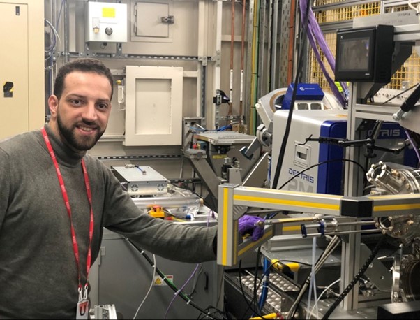 Mohamed Abdelaal inside the beamline I07 experimental cabin at the UK’s national Diamond Light Source synchrotron. Photo credit: Mohamed Abdelaal. ©Diamond Light Source 