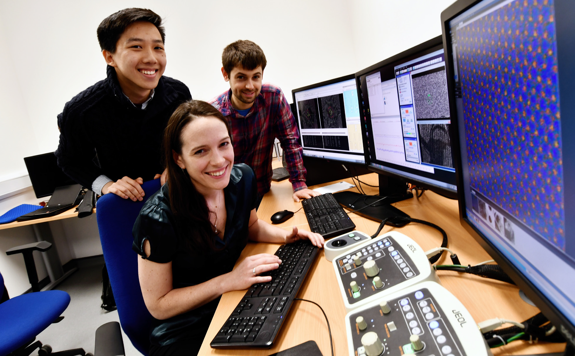 Researchers from the National Graphene Institute at the University of Manchester were the first users of ePSIC. From left to right: Lan Nguyen, Sarah Haigh and Aidan Rooney.