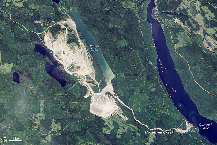 Image of Mount Polley from 5 August, 2014, after the dam breach. Image Credit: NASA Earth Observatory images by Jesse Allen, using Landsat data from the U.S. Geological Survey.