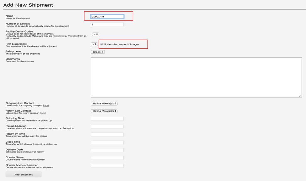Add shipment form