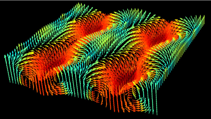 This image represents the 3D model of the polarisation pattern in the ferroelectric PbTiO3 representing the cycloidal modulation of the vortex core. Image provided by University of Warwick.