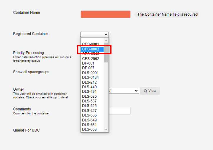 registered container drop down list