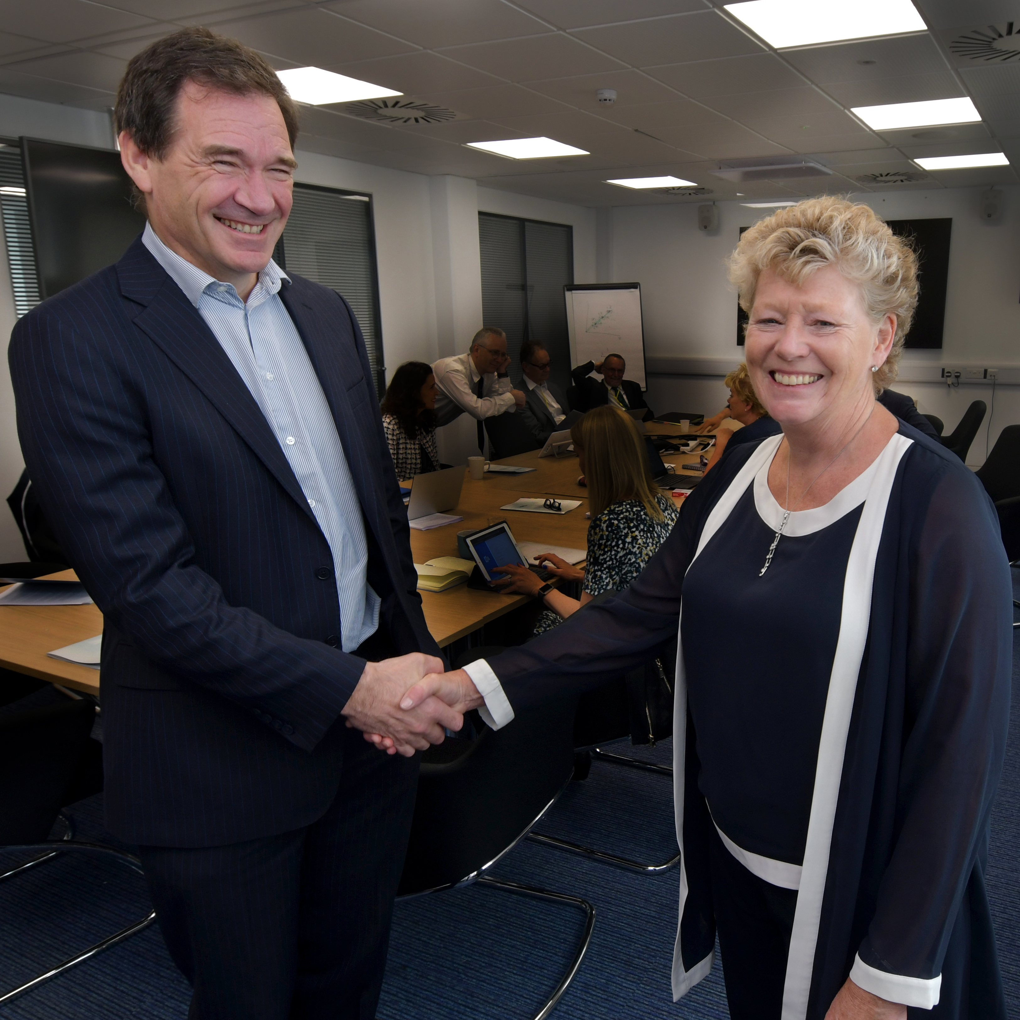 Diamond CEO Professor Andrew Harrison at the Rosalind Franklin Institute Board meeting, with Franklin Chair Dr Vivienne Cox