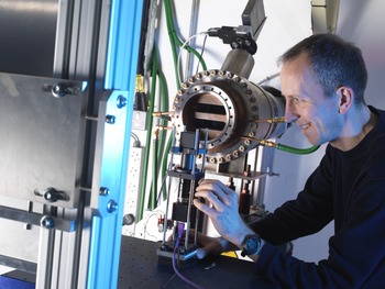 Dr Thomas Connolley, Senior Beamline Scientist, examines the high energy diffraction set up on I12.