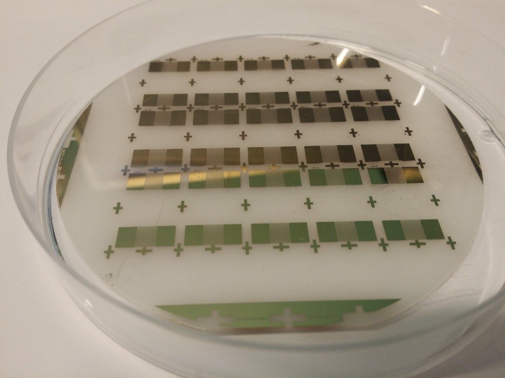 Figure 2: An uncut wafer patterned with surface acoustic transducers