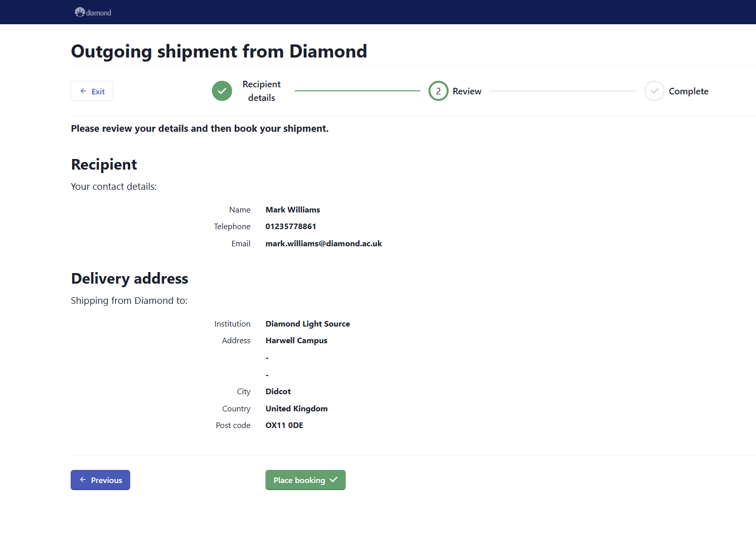 Image 4. Review your details and click 'Place Booking'