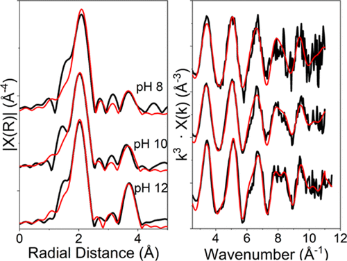 Sr K-edge EXAFS spectra (right) and Fourier transforms (left) for Sr bound to UO2 at pH 8, 10, and 12. The features at approximately 3.65 Å in the Fourier transform clearly suggest that Sr is not outer sphere bound and is instead in a more structured coordination environment.  Image reused from DOI: 10.1021/acs.langmuir.1c02927 under the CC BY 2.0 license.