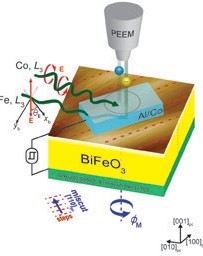 Figure 1: Schematic diagram of in situ ferroelectric switching during XPEEM imaging to study exchange coupling between monodomain BiFeO<sub>3</sub> and Co overlayer, whose magnetic end electric configurations are depicted in the right panel. The magnetoelectric heterostructure is shown as mounted in the XPEEM, with incoming circular and linear polarised light used for circular dichroism (XMCD) on Co and linear dichroism (XMLD) on Fe, respectively. The antiferromagnetic configuration of the sub-surface (i.e. bulk) BiFeO<sub>3</sub> has been determined by neutron diffraction. The ferroelectric state of the BiFeO<sub>3</sub> can be switched by 71° from the 'down' to 'up' state, allowing the properties of the ferromagnetic Co and surface antiferromagnetic BiFeO<sub>3</sub> layers to be characterised in both states. 