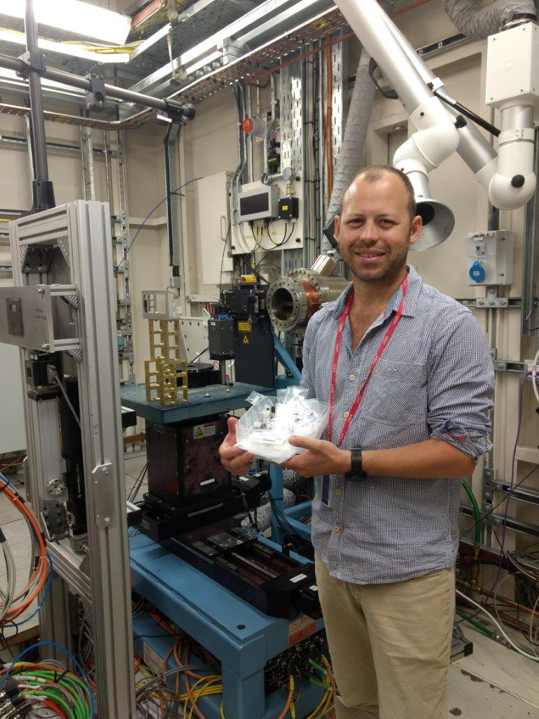 Dr Matt Pankhurst on the beamline at Diamond with the space rock samples during the experiment.