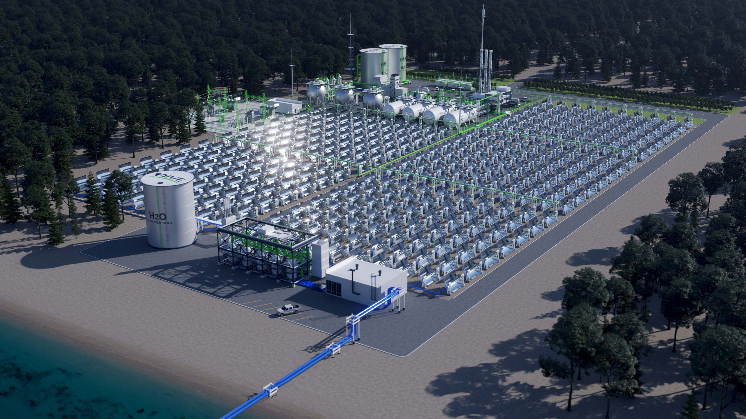 Conceptual layout of the commercial scale solar farm to produce green hydrogen from thermal assisted photocatalytic splitting of seawater. Credit and copyright: Global Impact Ventures Inc. (GIVE).