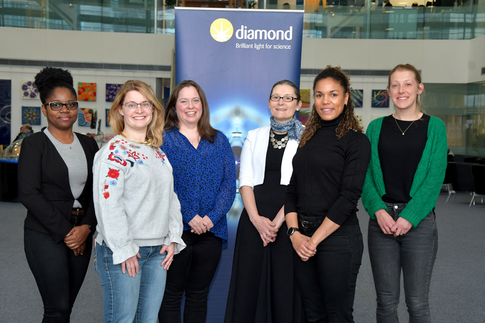 L to R the Diamond Light Source Panel : Dr Chidinma Okolo – Beamline Scientist at B24; Molly Pekarik Fry – Web and Digital Content Manager, Sarah Macdonell – Head of Beamline Systems Engineering; Isabelle Boscaro-Clarke – Head of Impact, Communications and Engagement; Dr Lorraine Bobb – Head of Diagnostics Group; Dr Lucy Saunders – Beamline Scientist at I11