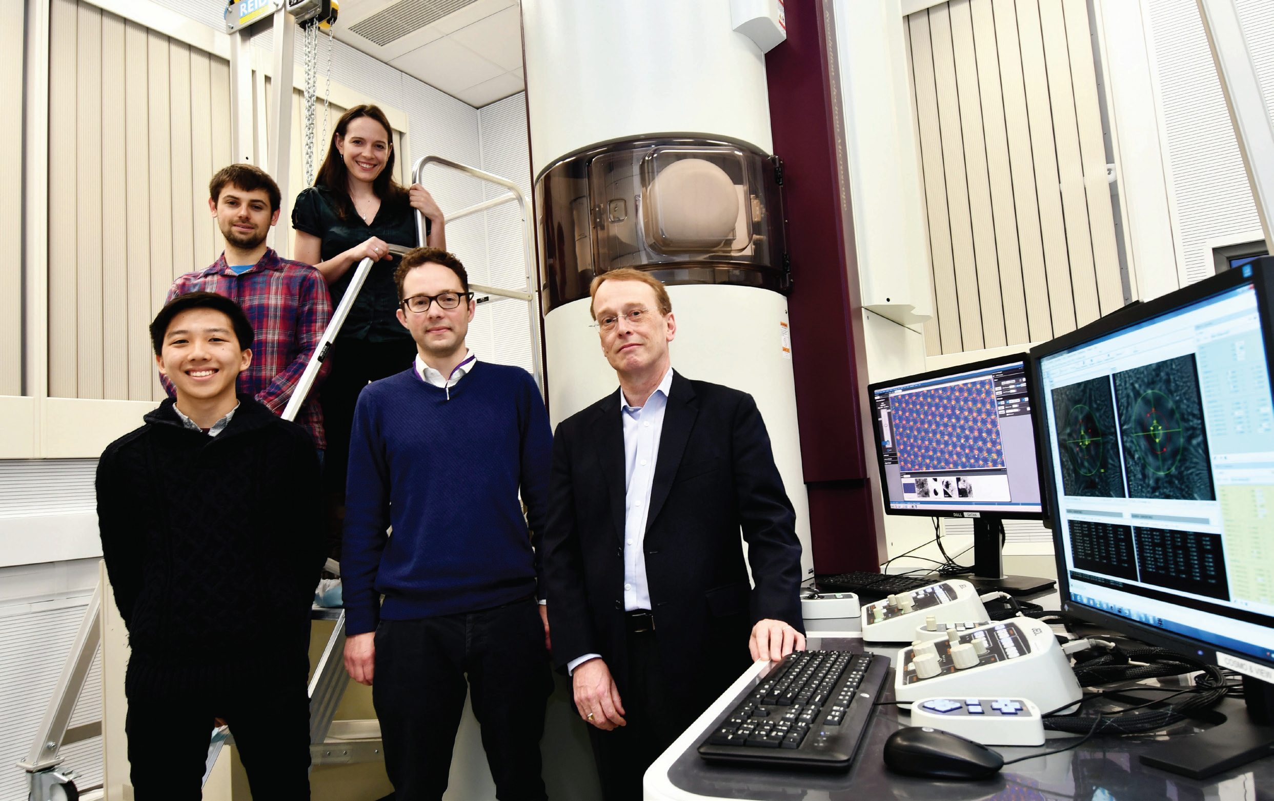 ePSIC first users from the National Graphene Institute at The University of Manchester, left to right: Lan Nguyen, Aidan Rooney, Sarah Haigh, Manchester, with Christopher Allen and Angus Kirkland, Oxford.