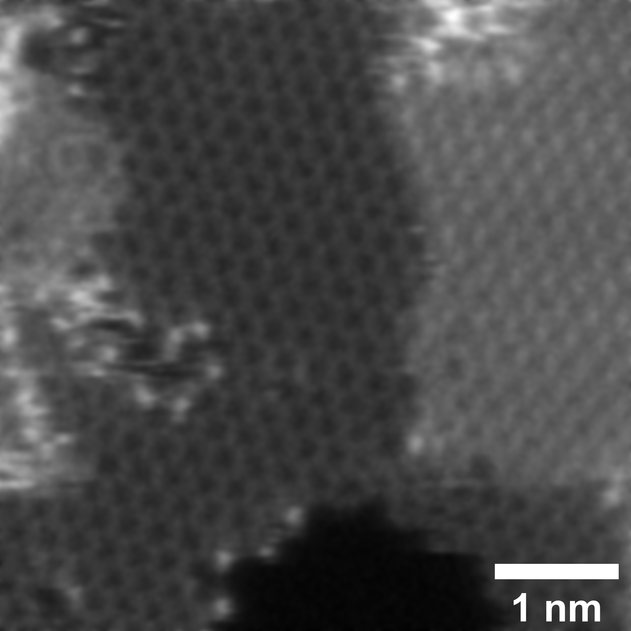 Atomic resolution transmission electron microscope image of doped graphene. The bright dots are sulphur dopant atoms embedded in the graphene lattice.<br/>(Image courtesy of L. Peng and X. Duan, UCLA)