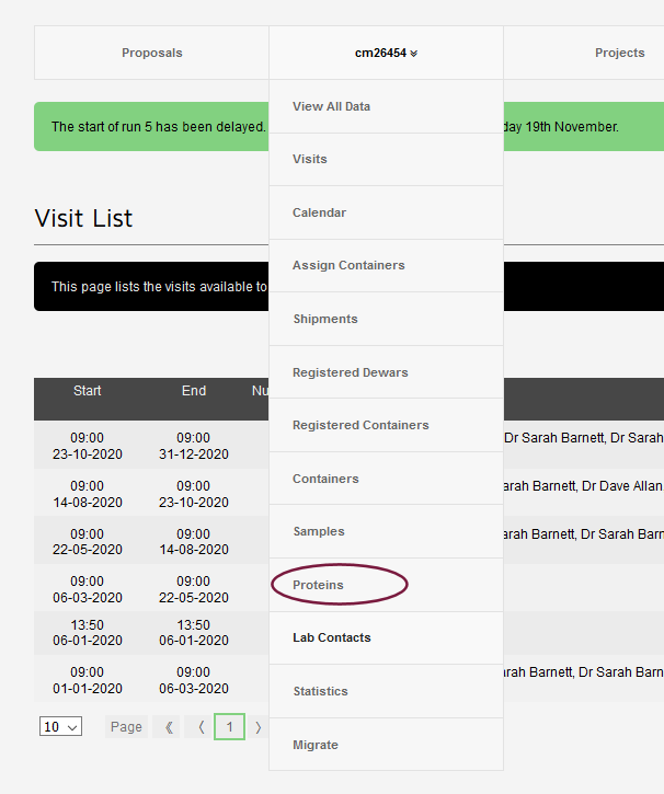 Location of proteins in visit menu