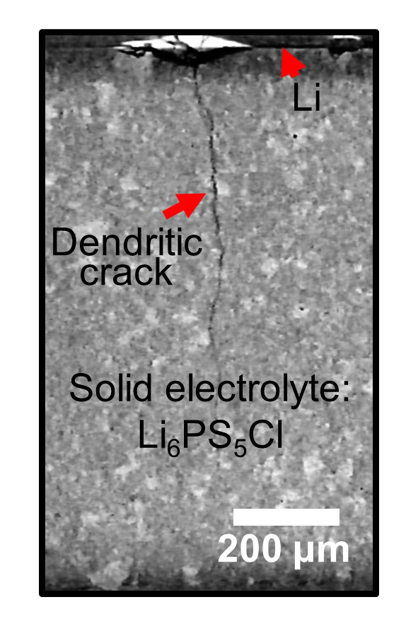 X-ray computed tomography of a solid-state cell after charge. Lithium metal plating induces dendritic crack propagation through the ceramic solid electrolyte. Image adapted from Hu et al., Deflecting lithium dendritic cracks in multi-layered solid electrolytes, Joule (2024), https://doi.org/10.1016/j.joule.2024.06.024 