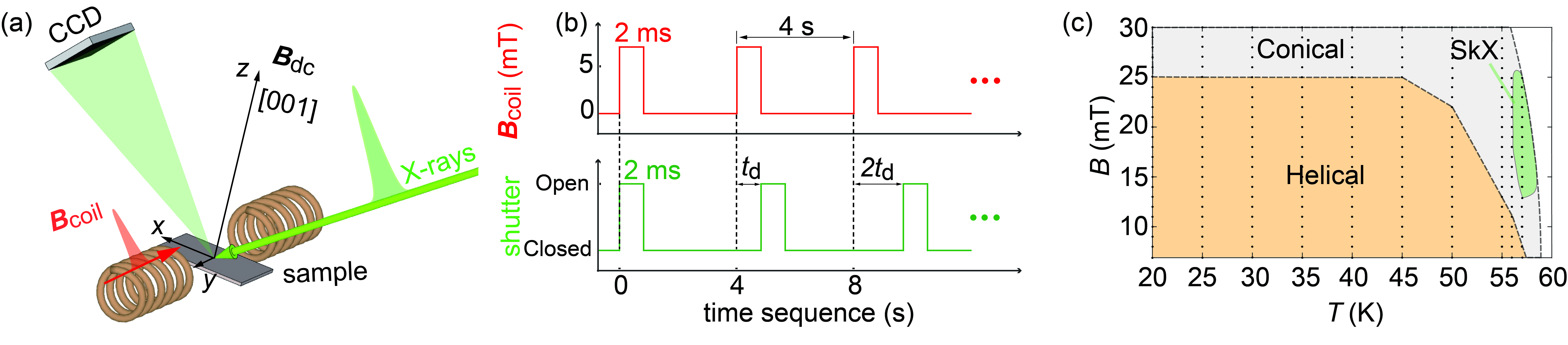 (a) The timescales for a noncollinear magnetic order, at which various magnetic dynamics take place after a pumping field is applied. (b) Sketch of the scattering geometry, where an additional in-plane field pulse 𝐵coil=7  mT is applied along the 𝑦 direction as the pump signal. (c) Time sequence of the measurement, illustrating the time delay 𝑡d. (d) Equilibrium phase diagram of the measured Cu2⁢OSeO3 single crystal, mapped via their signature REXS patterns (𝐵coil switched off).