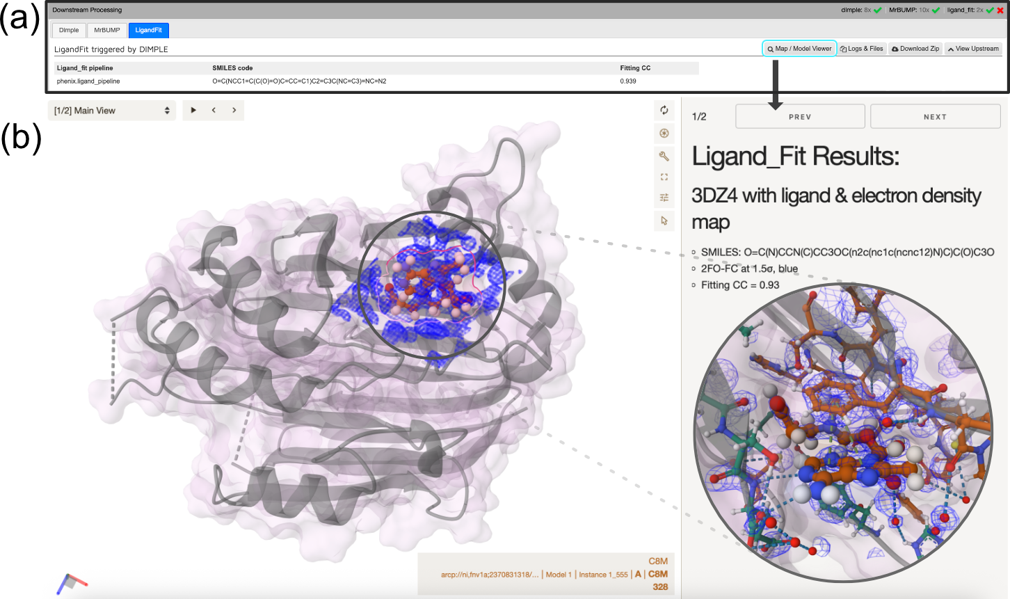 (a) Synchweb display for the ligand_fit pipeline and accompanying Map/Model Viewer button. (b) Auto-generated interactive Molstar visualisation summary of the successful ligand fitting results. 