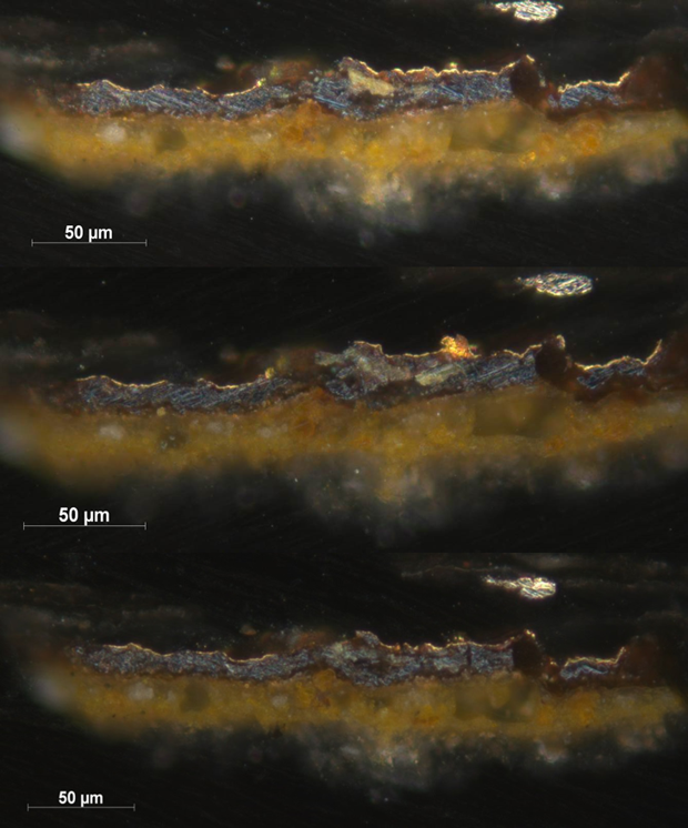 Paint sample taken from Saint Peter’s drapery. Thin cross-section in progressively polished states showing the degrading altered dark mordant. Photos © The National Gallery, London. 