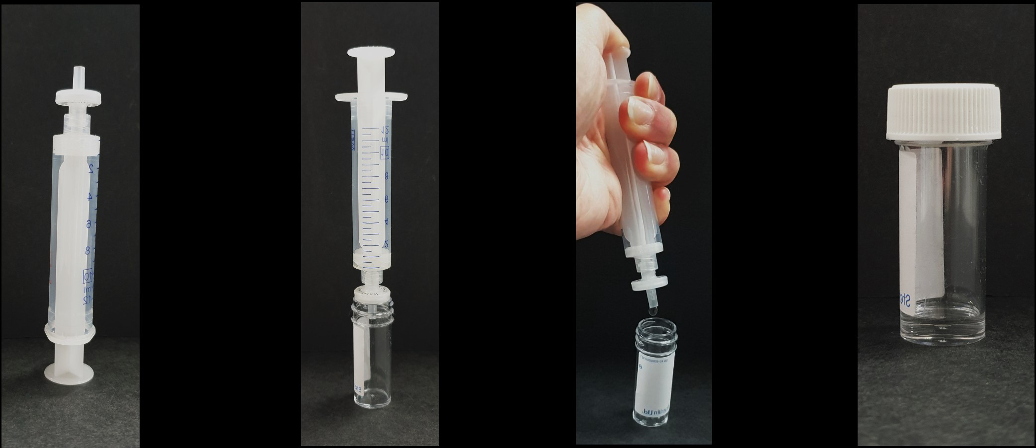 Fig. 5 - Initial gel studies. Images exemplifying the syringe filter release protocol for gels. The gel is first loaded in a syringe fitted with a 0.22 μm filter. The gel is passed through the filter by gentle extrusion, releasing a clear solution. a.u., arbitrary units; CD, circular dichroism.
