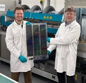 L-R: Power Roll's Nathan Hill and Prof. Lidzey with the solar cell devices.