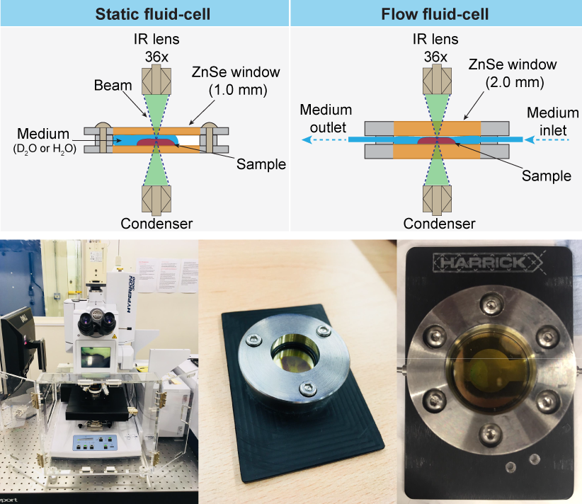 Fig. 3: Experimental setups comprising the liquid flow cells and the infrared microscope used in this synchrotron microspectroscopy study.