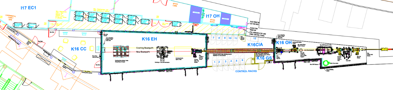 Figure 3: Layout of the new control room (K16 CC) at the end of the experimental hutch (K16 EH).