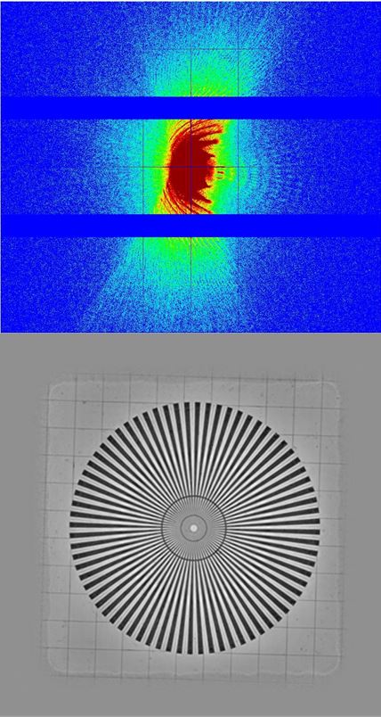 Sample diffraction frame and reconstructed object phase image of a Siemens Star sample