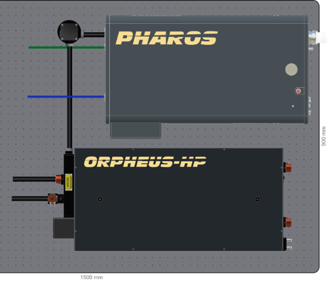 Figure 1 Arrangement of laser and OPA on the portable optical table. With green and blue are indicated the outputs of the 2nd and 4th harmonic respectively. 