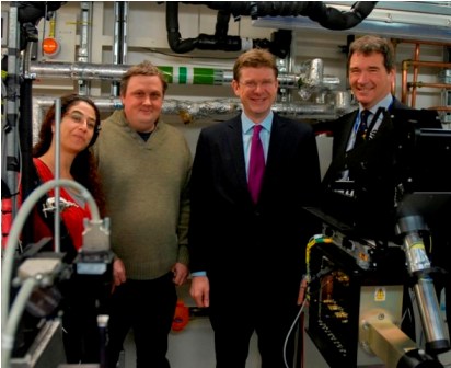 Greg Clark on I18 with Diamond CEO Andrew Harrison, Senior Support Scientist Tina Geraki and beamline user Owen Addison, University of Birmingham.