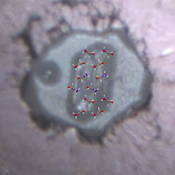 Figure 1: Photograph of a single crystal of α-glycine compressed to 52.76 GPa in a diamond anvil cell. A section of the crystal structure determined at this pressure is overlaid on the crystal, showing the layers that increase in proximity upon compression, revealing a network of inter-layer hydrogen bonding interactions.